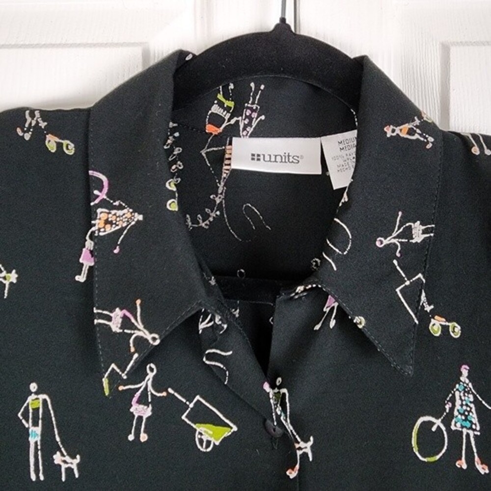 Vintage Units 80s 90s Rayon Blouse Abstract Art To Wear Shirt Shoulder Pads M - Picture 12 of 14